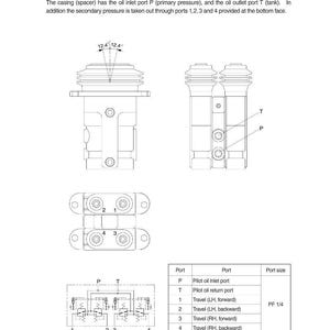 May include: Diagram of an RCV pedal, showing its structure and hydraulic circuit. The image includes detailed views of the pedal's components, including the oil inlet port P and oil outlet port T, with labels and measurements.