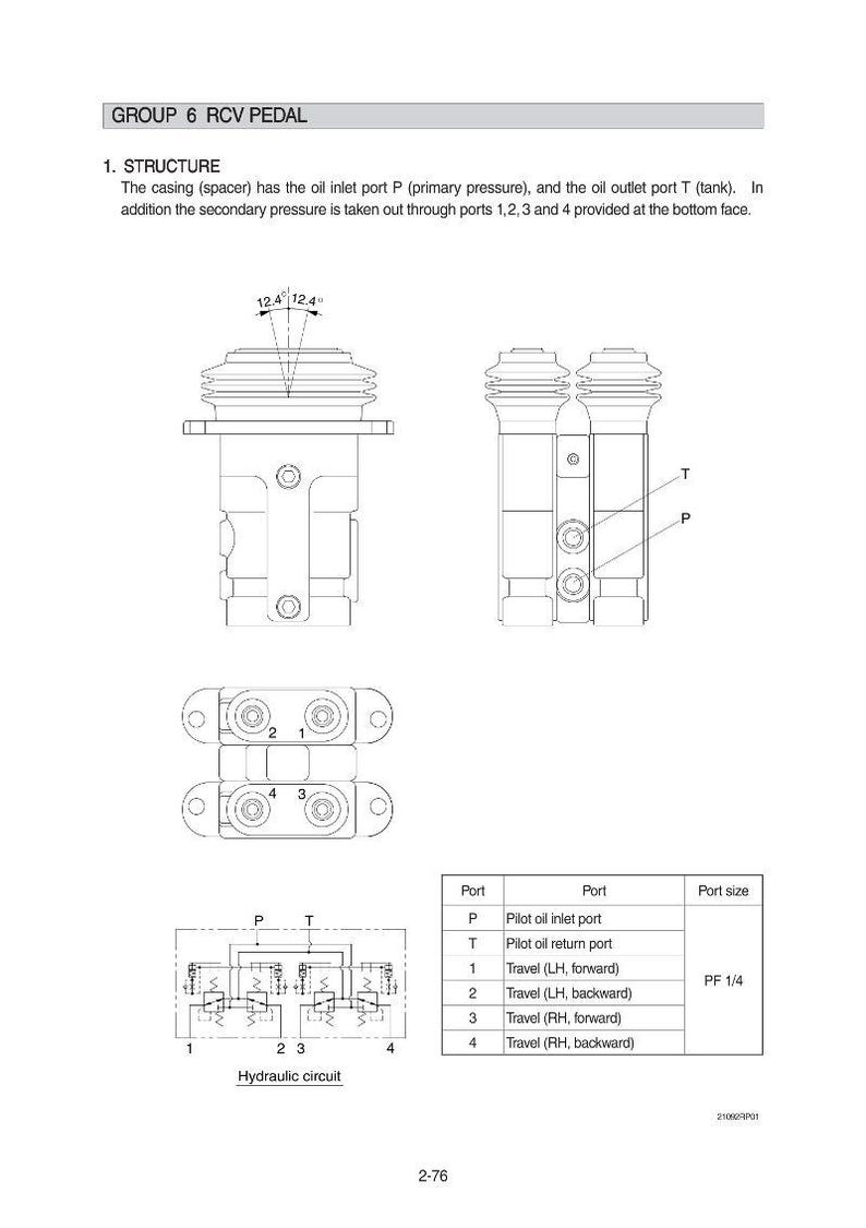 May include: Diagram of an RCV pedal, showing its structure and hydraulic circuit. The image includes detailed views of the pedal's components, including the oil inlet port P and oil outlet port T, with labels and measurements.