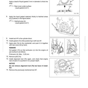 May include: Diagram from a manual showing the process to remove and install an engine rear oil seal. The image includes step-by-step instructions with illustrations, including applying liquid gasket and installing tools. Text includes "Remove and Install Engine Rear Oil Seal".