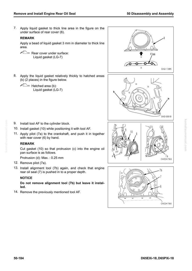 May include: Diagram from a manual showing the process to remove and install an engine rear oil seal. The image includes step-by-step instructions with illustrations, including applying liquid gasket and installing tools. Text includes "Remove and Install Engine Rear Oil Seal".
