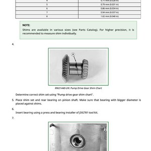 May include: Technical diagram with a table showing shim set thickness in inches and a gear chart. The image includes instructions for installing a spacer ring of a bearing and using a pump drive gear shim chart.