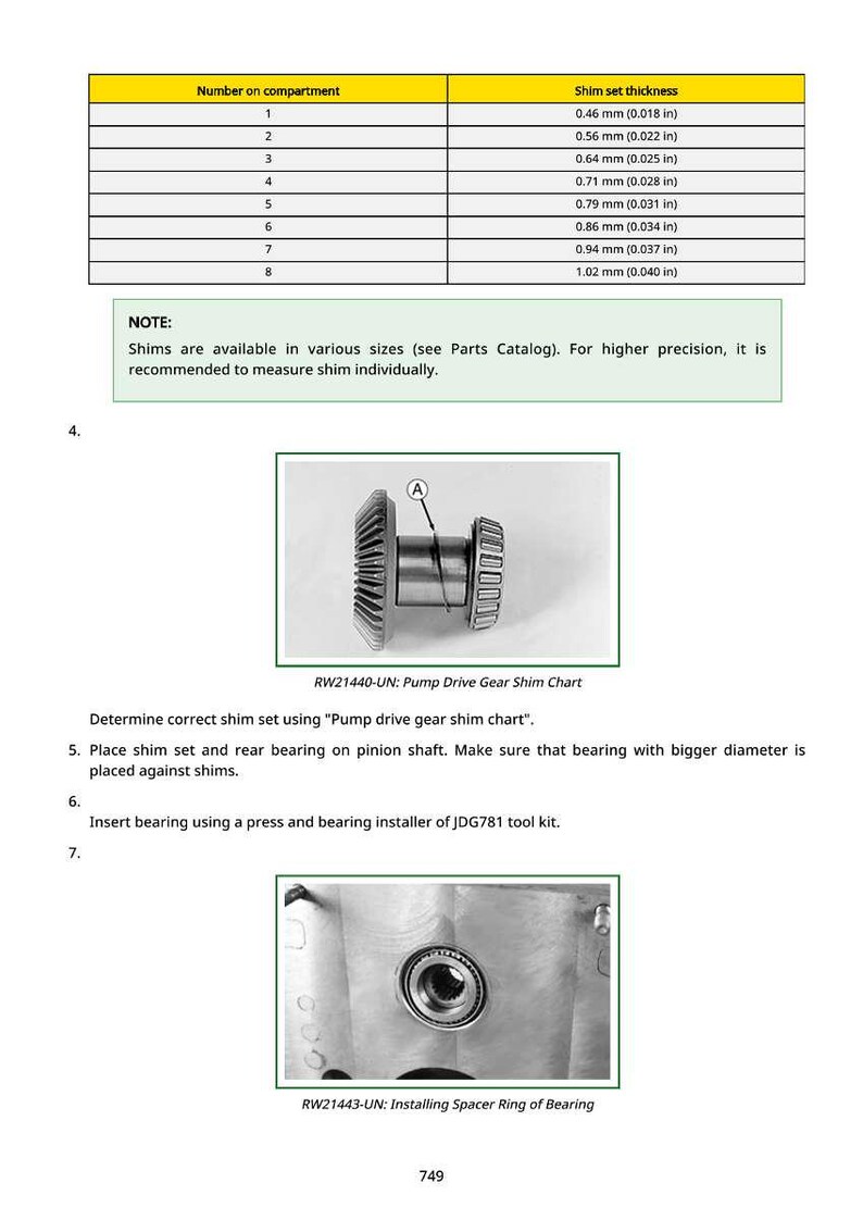 May include: Technical diagram with a table showing shim set thickness in inches and a gear chart. The image includes instructions for installing a spacer ring of a bearing and using a pump drive gear shim chart.