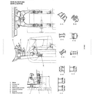 May include: Diagram of power angle and tiltdozer work equipment, including a blade, U-frame, and cylinders. The diagram is labeled with part numbers and names. Text at the top reads "WORK EQUIPMENT" and "POWER ANGLE AND TILTDOZER".