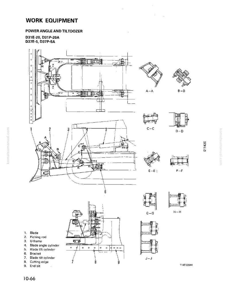 May include: Diagram of power angle and tiltdozer work equipment, including a blade, U-frame, and cylinders. The diagram is labeled with part numbers and names. Text at the top reads "WORK EQUIPMENT" and "POWER ANGLE AND TILTDOZER".