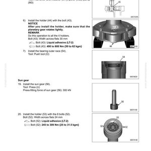 May include: Diagram of a mechanical assembly process with numbered steps and illustrations. Includes instructions for installing planetary gear shafts, holders, and bolts, with measurements in millimeters and Newton-meters. The image also shows a sun gear and bearing outer race.