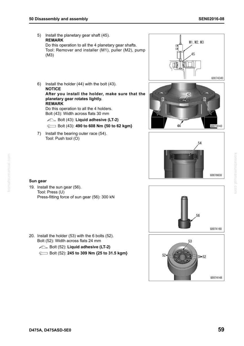 May include: Diagram of a mechanical assembly process with numbered steps and illustrations. Includes instructions for installing planetary gear shafts, holders, and bolts, with measurements in millimeters and Newton-meters. The image also shows a sun gear and bearing outer race.