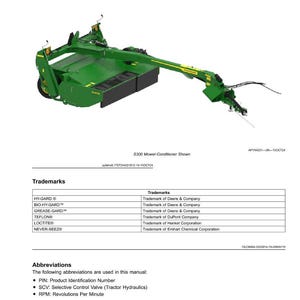 May include: A green S300 Mower-Conditioner, a piece of agricultural machinery, is shown in a product view. The image includes a list of trademarks and abbreviations, such as PIN and RPM, from the manual.