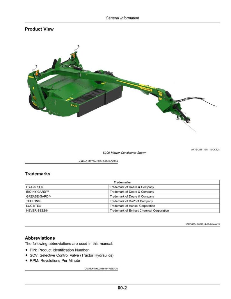 May include: A green S300 Mower-Conditioner, a piece of agricultural machinery, is shown in a product view. The image includes a list of trademarks and abbreviations, such as PIN and RPM, from the manual.