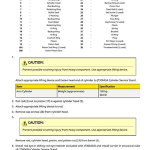 May include: A detailed technical diagram with a legend, safety warnings, and instructions for a cylinder service stand. The diagram includes a list of parts, measurements in pounds and kilograms, and specific steps for maintenance. The text includes the word "CAUTION".