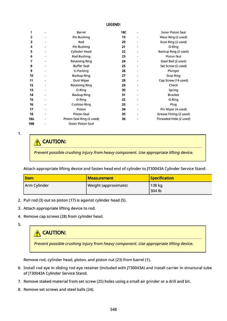 May include: A detailed technical diagram with a legend, safety warnings, and instructions for a cylinder service stand. The diagram includes a list of parts, measurements in pounds and kilograms, and specific steps for maintenance. The text includes the word "CAUTION".