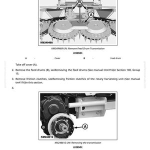 May include: Diagram illustrating the removal of a feed drum transmission. The image includes detailed diagrams of mechanical components, labeled with letters and part numbers. Text instructions accompany the diagrams, guiding the disassembly process.