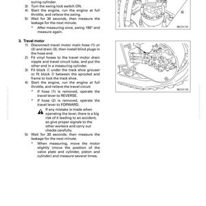 May include: Diagram of a machine's internal components with instructions for testing and adjusting the swing and travel motors. Includes steps for measuring oil leakage and safety warnings. Text includes "TESTING AND ADJUSTING" and "MEASURING OIL LEAKAGE."