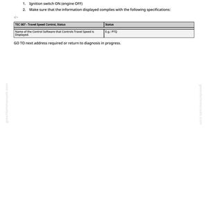 May include: A document titled "TEC 067 - Travel Speed Control, Status" with diagnostic instructions. The document includes a table with the title "TEC 067 - Travel Speed Control, Status" and a status column. The text "GO TO next address required or return to diagnosis in progress" is also visible.