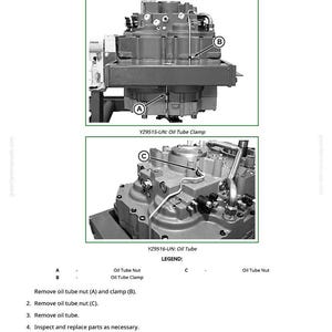 May include: Diagram illustrating the process to remove and install oil tube nuts and clamps. The image shows two detailed views of the machinery, with labels indicating specific parts. Text instructions are provided below the images.