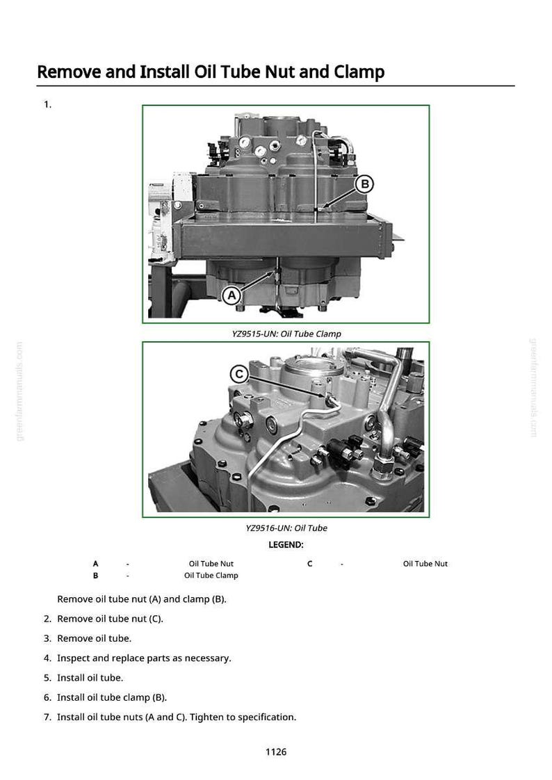 May include: Diagram illustrating the process to remove and install oil tube nuts and clamps. The image shows two detailed views of the machinery, with labels indicating specific parts. Text instructions are provided below the images.