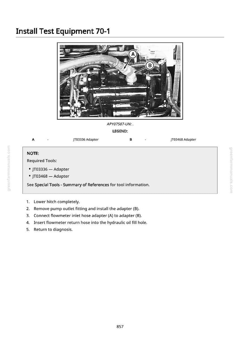 K&ouml;nnte beinhalten: Diagramm zur Ger&auml;teinstallation mit dem Titel "Install Test Equipment 70-1". Das Bild zeigt Maschinenkomponenten, die mit Buchstaben und Teilenummern gekennzeichnet sind. Anweisungen sind unter dem Diagramm angegeben.