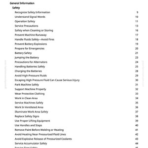 May include: A white page with a black table of contents for a manual. The title is "Table of Contents". The topics include safety information, operation, and service precautions. The page number is 2.