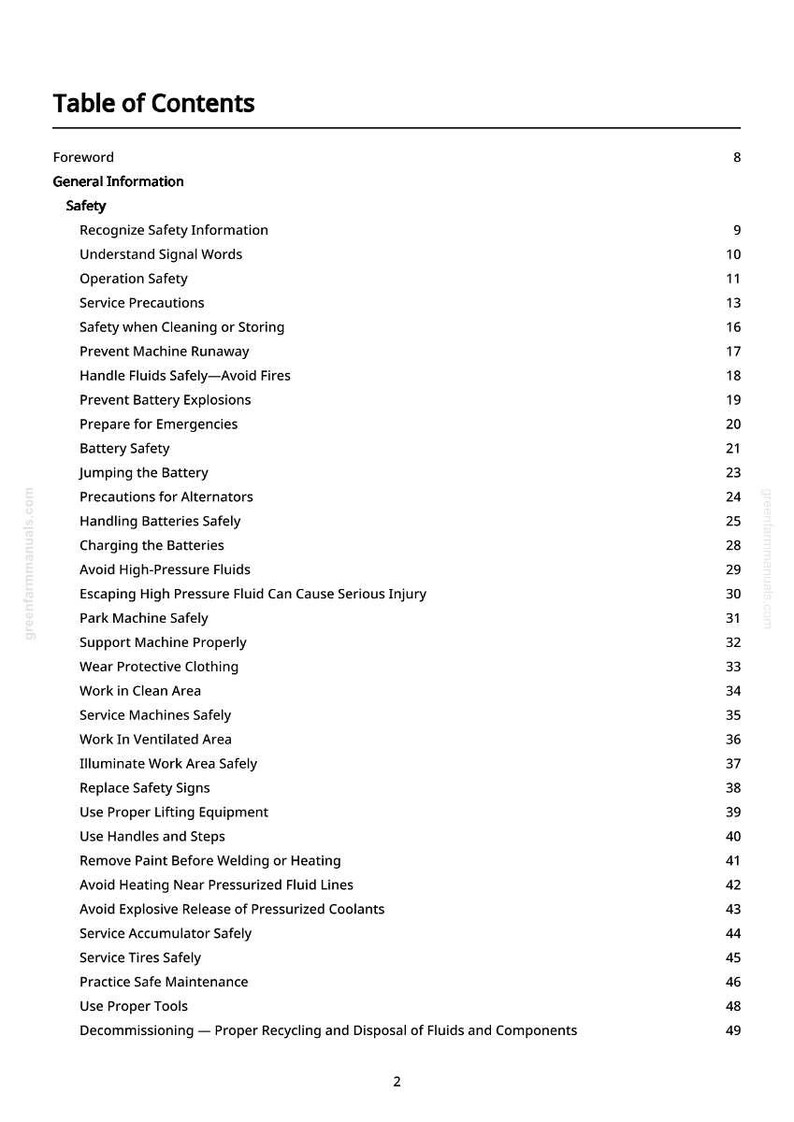 May include: A white page with a black table of contents for a manual. The title is "Table of Contents". The topics include safety information, operation, and service precautions. The page number is 2.