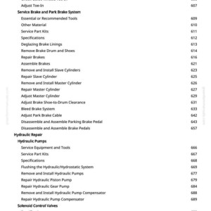 Puede incluir: Una p&aacute;gina de manual con una lista de procedimientos de reparaci&oacute;n de autom&oacute;viles, incluido el mantenimiento de frenos y sistemas hidr&aacute;ulicos. El texto es negro sobre fondo blanco, con n&uacute;meros de p&aacute;gina a la derecha.