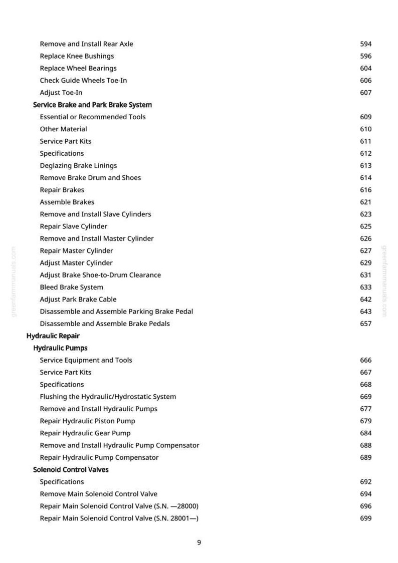 Puede incluir: Una p&aacute;gina de manual con una lista de procedimientos de reparaci&oacute;n de autom&oacute;viles, incluido el mantenimiento de frenos y sistemas hidr&aacute;ulicos. El texto es negro sobre fondo blanco, con n&uacute;meros de p&aacute;gina a la derecha.