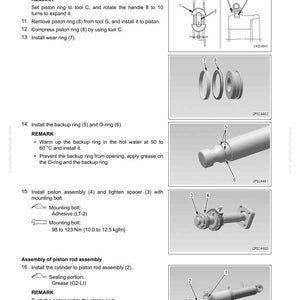May include: Diagrams and instructions for disassembling and assembling a blade tilt cylinder assembly. Includes illustrations of piston rings, O-rings, and other components, with torque specifications in Newton-meters and kgf-m.