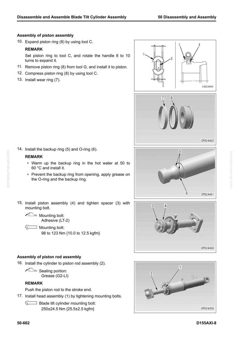 May include: Diagrams and instructions for disassembling and assembling a blade tilt cylinder assembly. Includes illustrations of piston rings, O-rings, and other components, with torque specifications in Newton-meters and kgf-m.