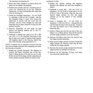 May include: A detailed technical diagram with numbered steps for disassembling a hoist cylinder. The text includes measurements in inches and millimeters, and instructions for removing and replacing various components. The document is labeled "Hoist Circuit Component Repair."
