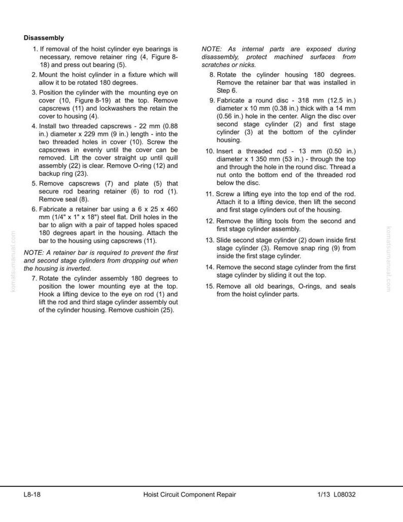 May include: A detailed technical diagram with numbered steps for disassembling a hoist cylinder. The text includes measurements in inches and millimeters, and instructions for removing and replacing various components. The document is labeled "Hoist Circuit Component Repair."