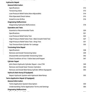 Puede incluir: Una p&aacute;gina de manual con un &iacute;ndice. El texto en negro sobre fondo blanco enumera temas como "Reparaci&oacute;n hidr&aacute;ulica", "V&aacute;lvula de tensi&oacute;n" y "Reparaci&oacute;n de cilindros". Los n&uacute;meros de p&aacute;gina est&aacute;n a la derecha.