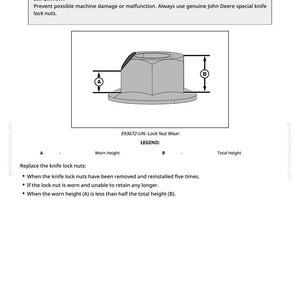 May include: Diagram illustrating how to check knife lock nut wear. The image shows a gray, hexagonal lock nut with labeled dimensions A and B. Text explains when to replace the nuts, focusing on wear and tear.