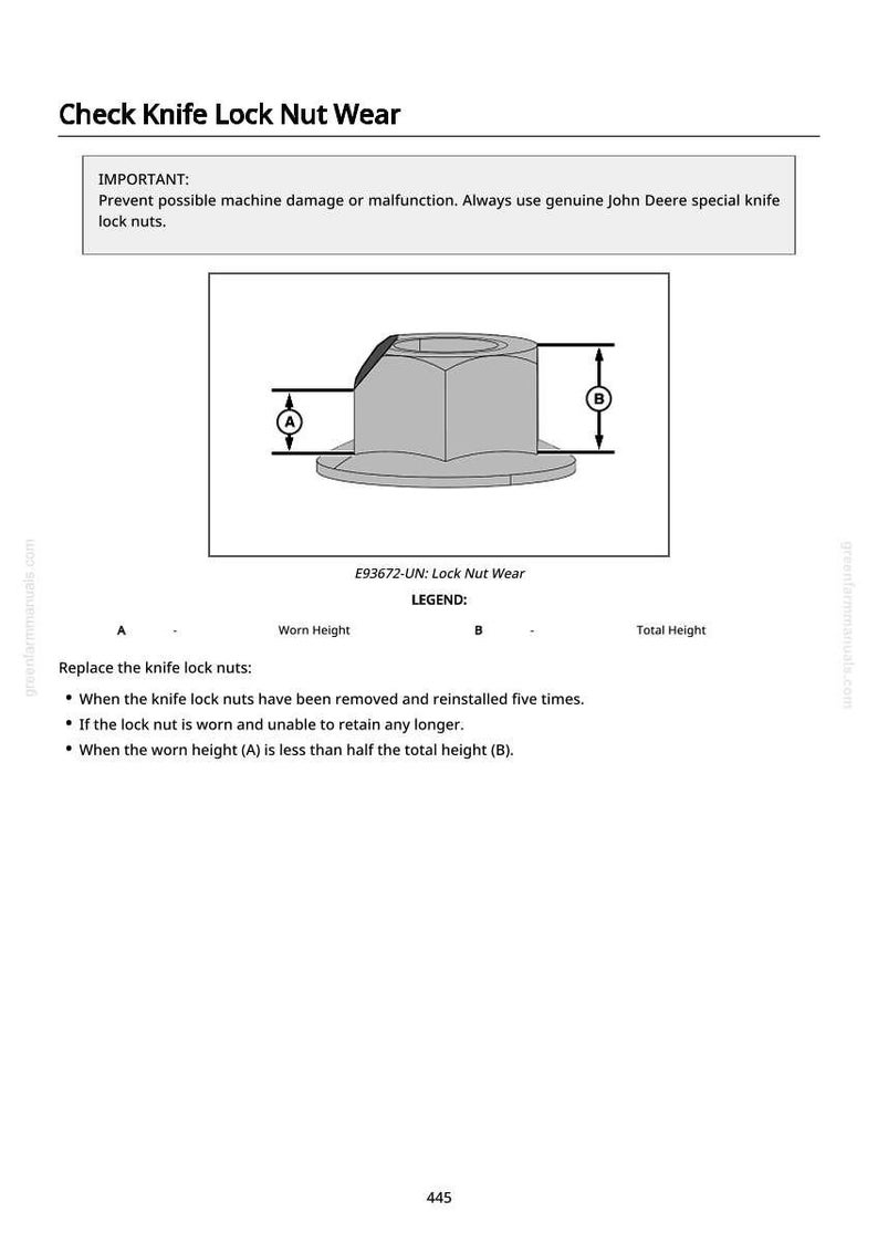 May include: Diagram illustrating how to check knife lock nut wear. The image shows a gray, hexagonal lock nut with labeled dimensions A and B. Text explains when to replace the nuts, focusing on wear and tear.