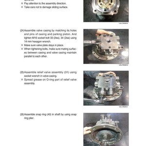 May include: Image shows detailed assembly instructions for a mechanical component. Text includes steps for applying grease, assembling valve plates, and tightening bolts. The images show close-ups of the parts and tools used in the process.