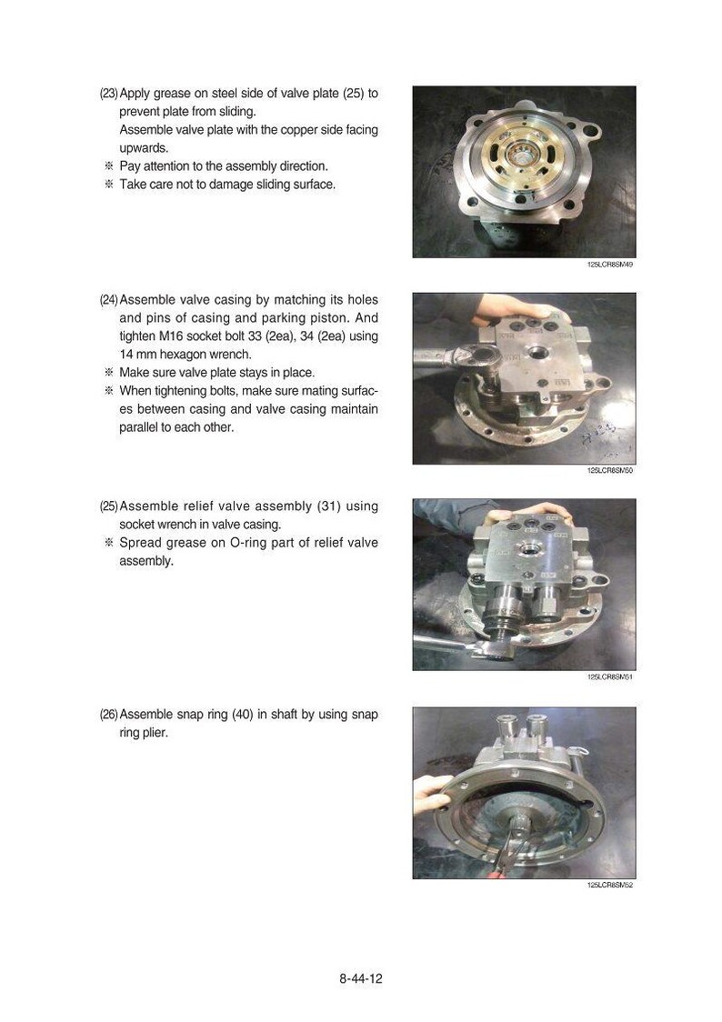 May include: Image shows detailed assembly instructions for a mechanical component. Text includes steps for applying grease, assembling valve plates, and tightening bolts. The images show close-ups of the parts and tools used in the process.