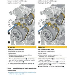 May include: Diagram of an engine with instructions for removing and installing a ribbed V-belt. The image includes detailed illustrations of engine components, arrows indicating movement, and safety warnings about spring tension.