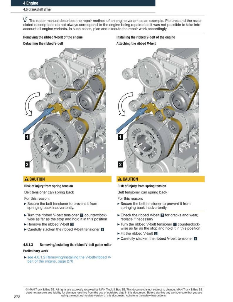 May include: Diagram of an engine with instructions for removing and installing a ribbed V-belt. The image includes detailed illustrations of engine components, arrows indicating movement, and safety warnings about spring tension.