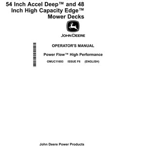 Puede incluir: Manual del operador blanco para plataformas de corte John Deere. El manual incluye el texto "Power Flow High Performance" y especifica modelos para plataformas de 122 y 137 cm. Tambi&eacute;n es visible el logotipo de John Deere.