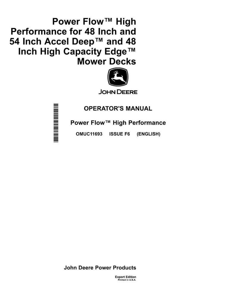 Puede incluir: Manual del operador blanco para plataformas de corte John Deere. El manual incluye el texto "Power Flow High Performance" y especifica modelos para plataformas de 122 y 137 cm. Tambi&eacute;n es visible el logotipo de John Deere.