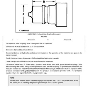 May include: Diagram of a hydraulic hose coupling, labeled LX 006613, with dimensions A and B. Dimension A is between 23.66 and 23.74 mm. Dimension B must be at least 24 mm. The image includes text about the ISO standard and hydraulic system.