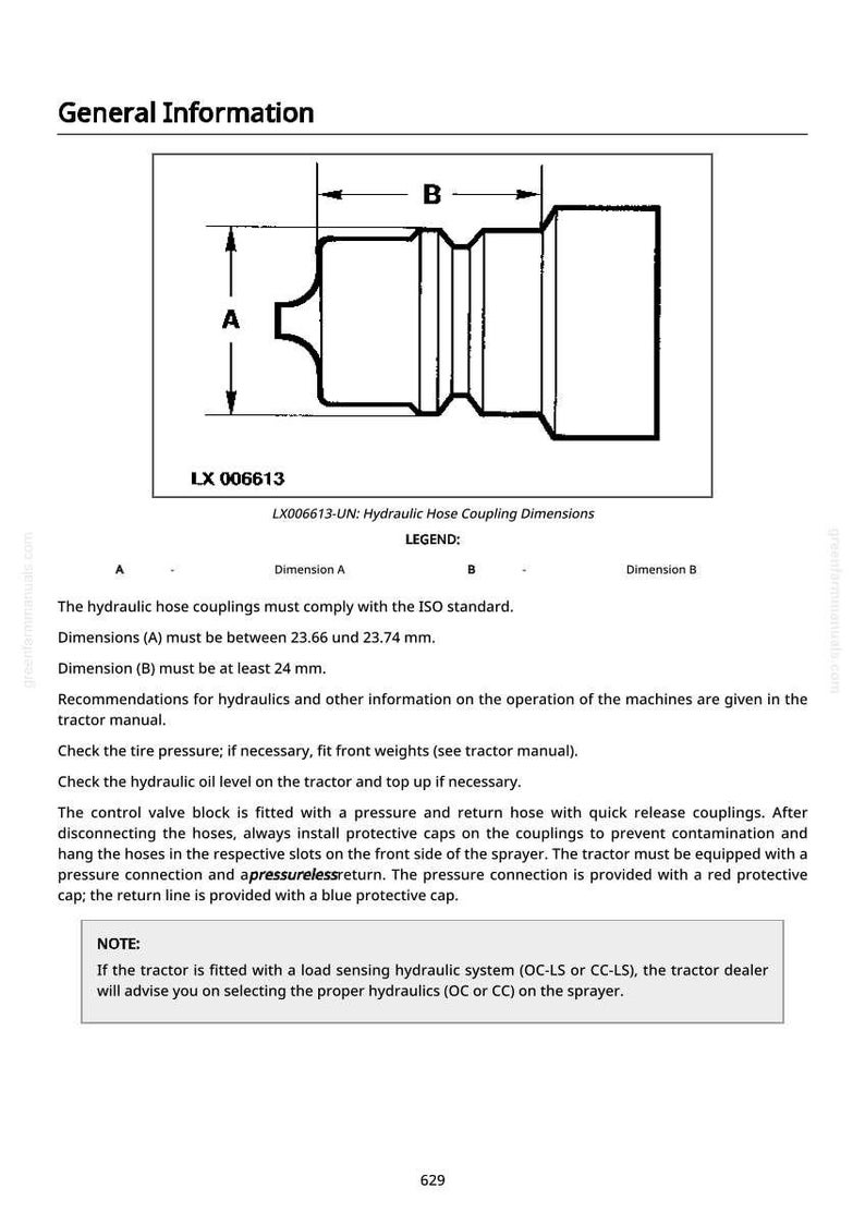 May include: Diagram of a hydraulic hose coupling, labeled LX 006613, with dimensions A and B. Dimension A is between 23.66 and 23.74 mm. Dimension B must be at least 24 mm. The image includes text about the ISO standard and hydraulic system.