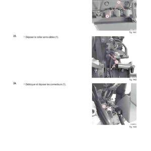 Op de afbeelding: Technische diagrammen die de demontage van motoronderdelen illustreren. De afbeeldingen tonen close-ups van motoronderdelen met genummerde labels en instructies in het Frans. De diagrammen maken deel uit van een handleiding.