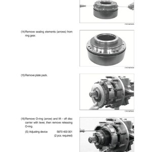 May include: Diagram of mechanical components with instructions. Step-by-step guide includes removing piston, sealing elements, plate pack, and O-ring. Text includes "Press off piston", "Remove sealing elements", and "Adjusting device".