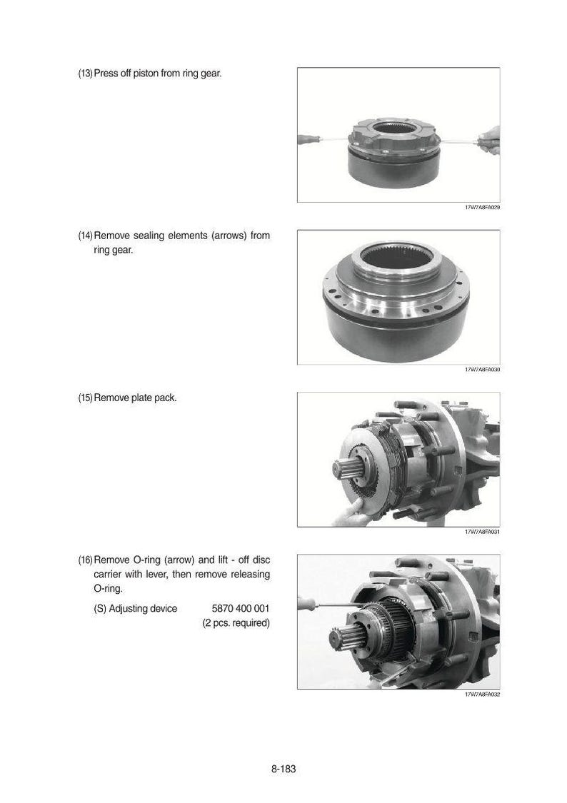 May include: Diagram of mechanical components with instructions. Step-by-step guide includes removing piston, sealing elements, plate pack, and O-ring. Text includes "Press off piston", "Remove sealing elements", and "Adjusting device".