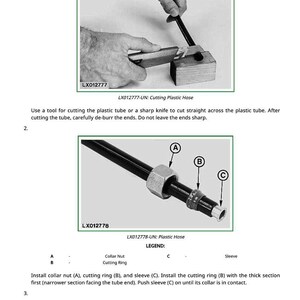 May include: Diagram illustrating the installation of an air brake system screw union. The image details the process of cutting and assembling plastic hose components, such as a collar nut, cutting ring, and sleeve. Text instructions are provided.