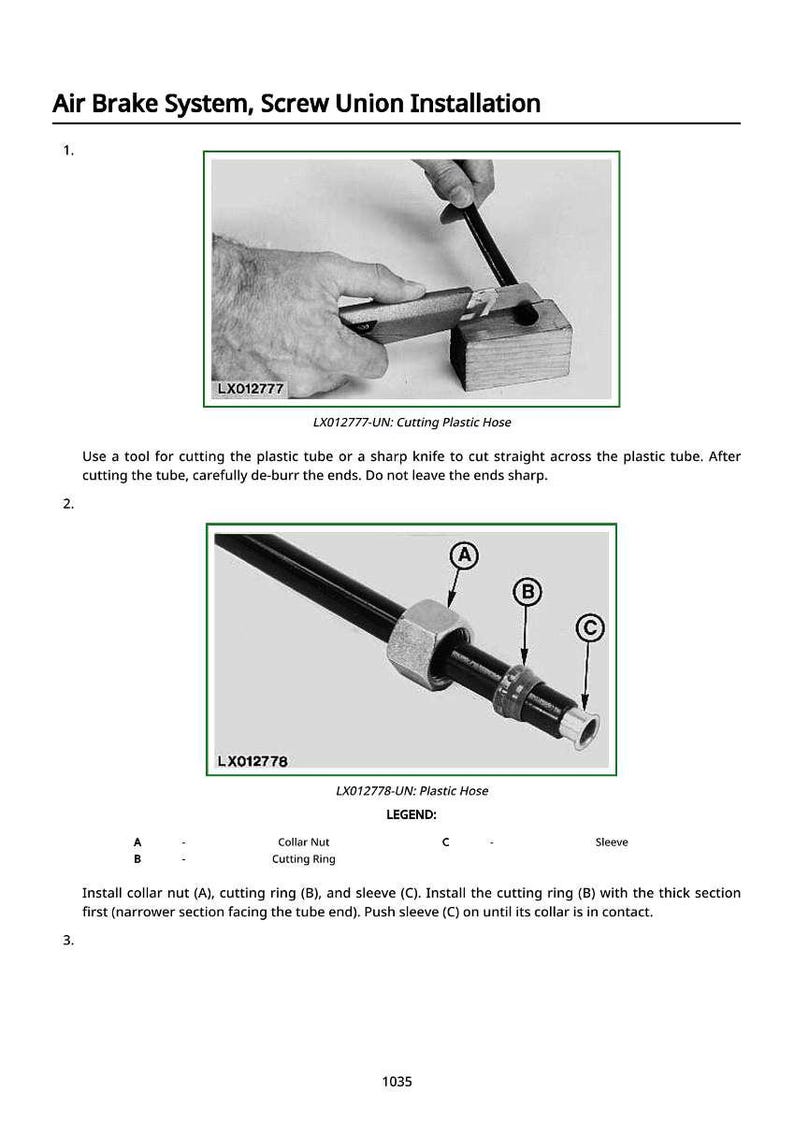 May include: Diagram illustrating the installation of an air brake system screw union. The image details the process of cutting and assembling plastic hose components, such as a collar nut, cutting ring, and sleeve. Text instructions are provided.
