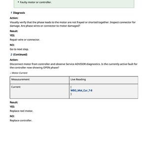 May include: A technical document with troubleshooting steps for a motor. The document includes a "NOTE" section listing common causes, followed by a "Diagnosis" section with actions and results. The text includes measurements and live readings.