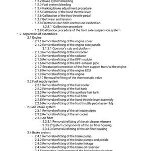 May include: A detailed list of procedures and settings, including engine, fuel, and brake system maintenance. The text includes calibration, removal, and refitting instructions for various components. The document is in black text on a white background.