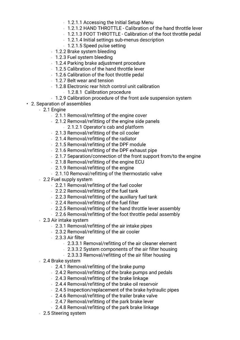 May include: A detailed list of procedures and settings, including engine, fuel, and brake system maintenance. The text includes calibration, removal, and refitting instructions for various components. The document is in black text on a white background.