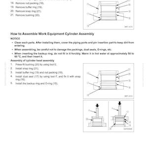Pode incluir: Diagrama de um conjunto de cilindro de equipamento de trabalho com etiquetas e instru&ccedil;&otilde;es de desmontagem e montagem. Inclui ilustra&ccedil;&otilde;es do processo de montagem da cabe&ccedil;a do cilindro, com medidas em cm.