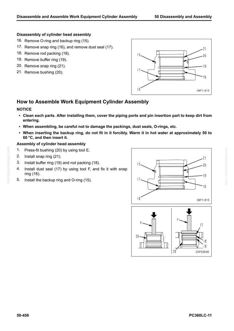 Pode incluir: Diagrama de um conjunto de cilindro de equipamento de trabalho com etiquetas e instru&ccedil;&otilde;es de desmontagem e montagem. Inclui ilustra&ccedil;&otilde;es do processo de montagem da cabe&ccedil;a do cilindro, com medidas em cm.