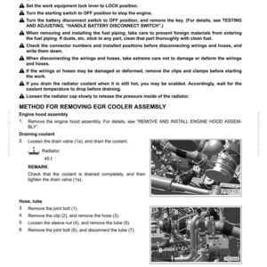 Puede incluir: P&aacute;gina de un manual t&eacute;cnico que detalla la extracci&oacute;n e instalaci&oacute;n de un conjunto de enfriador EGR. Incluye diagramas de componentes del motor, instrucciones y advertencias de seguridad. La p&aacute;gina presenta texto y diagramas.
